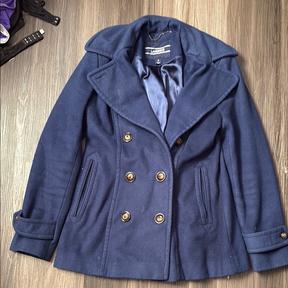 Lands' End Blue Pea Coat Classic Double-Breasted Design